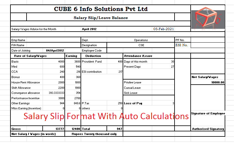 salary slip format in excel with formula