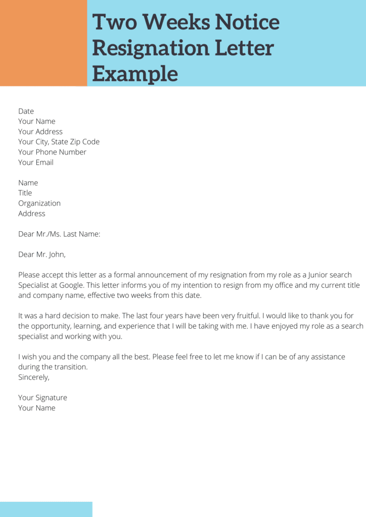 Two Weeks Notice Letter Example Resignation Letter Samples