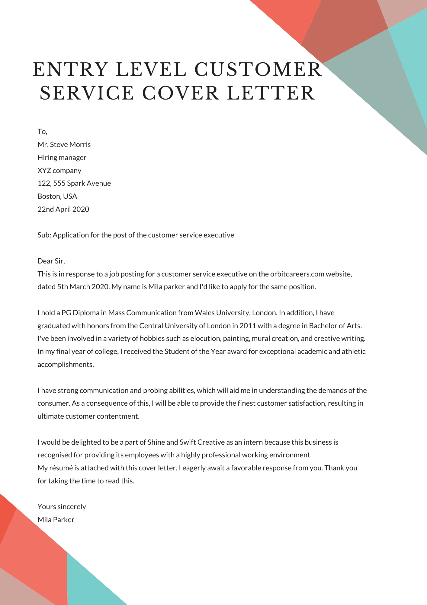 cover letter to apply for customer service job