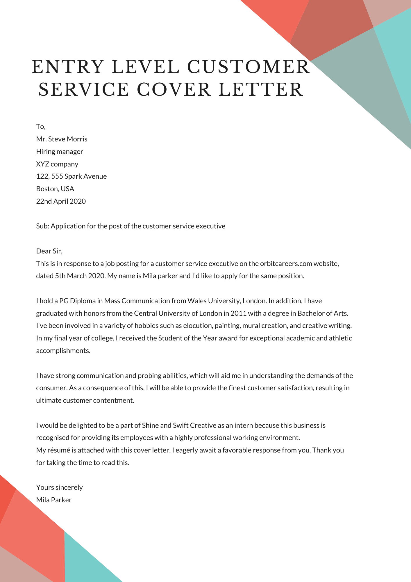 cover letter for customer service entry level