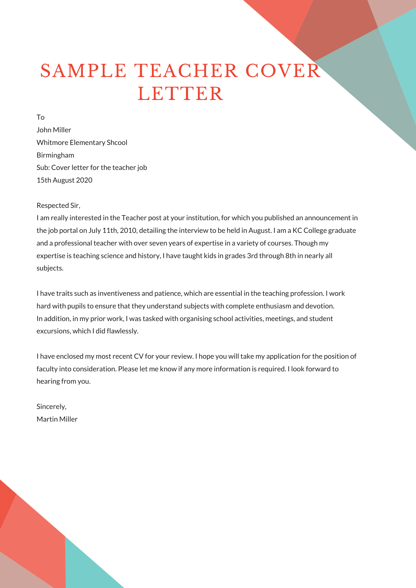 cover letter applying for teacher