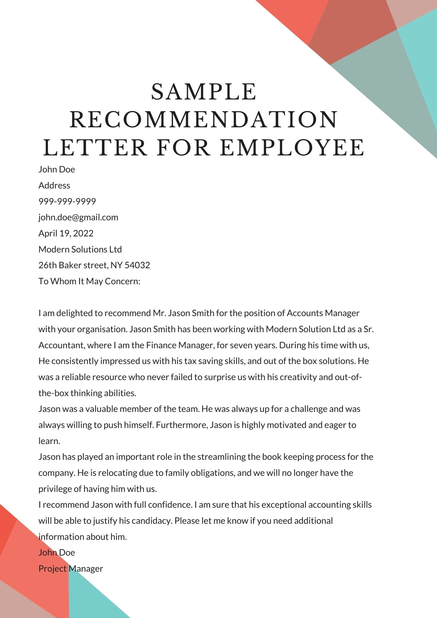 4 Free Letter Of Recommendation For Employee Template 2937