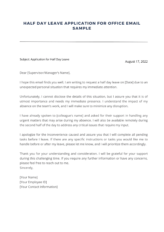 How To Write A Half Day Leave Application For Office Sample Email
